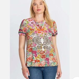 JOHNNY WAS WILD GARDEN PUFF SLEEVE KNIT TEE Shirt Top Size S